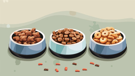 Cartoon Illustration of Dry Pet Food in Bowls on a Gray Surfaceのイラスト素材