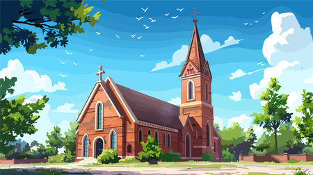 Stunning Exterior of Historic Brick Church with Towerのイラスト素材