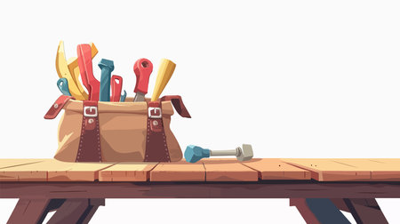 Empty Canvas Tool Bag on Wooden Surface with White Backgroundのイラスト素材