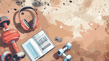 Fitness Essentials: Dumbbells, Headphones, and Magazine for Workout Motivationのイラスト素材