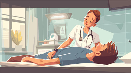 Doctor Examines Patient Closely in Hospital for Rehabilitationのイラスト素材