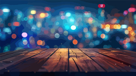 Empty Wooden Surface with Panoramic Night Cityscape View