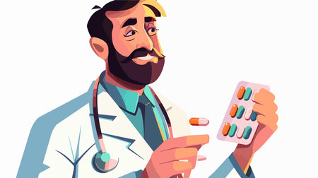 Doctor in Medical Glove Holding Pills for Medical Treatment on White Backgroundのイラスト素材