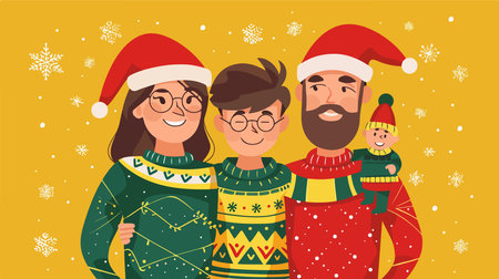 Merry Christmas Family Portrait in Festive Christmas Sweaters and Santa Hatsのイラスト素材