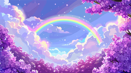 Enchanting Rainbow Adorned Fantasy Sky with Fluffy Cloudsのイラスト素材