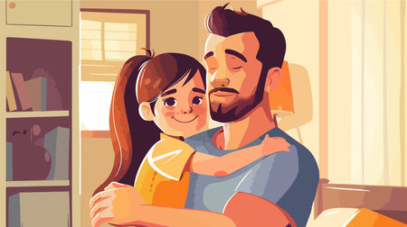 Devoted Father Embracing Daughter Indoors - Cartoon Illustrationのイラスト素材