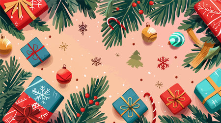 Festive Flat Lay with Christmas Tree Branches and Ornaments in a Cozy Winter Settingのイラスト素材