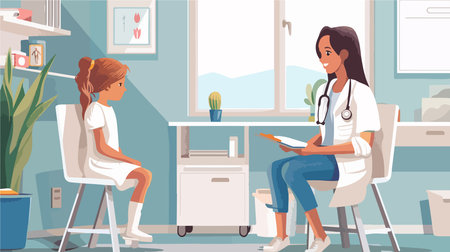 Pediatric Consultation: Nurse Assisting Young Patient in Clinical Examinationのイラスト素材