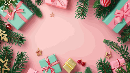 Festive Flat Lay with Christmas Tree Branches and Ornaments in a Cozy Winter Settingのイラスト素材