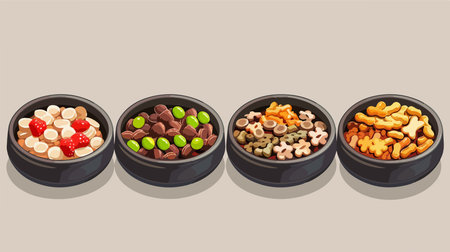 Cartoon Illustration of Dry Pet Food in Bowls on a Gray Surface