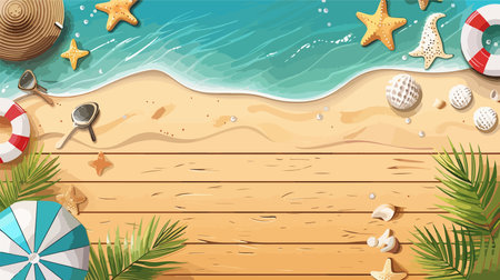 Beach Essentials Flat Lay with Sand and Ample Spaceのイラスト素材