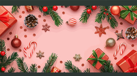 Festive Flat Lay with Christmas Tree Branches and Ornaments in a Cozy Winter Settingのイラスト素材