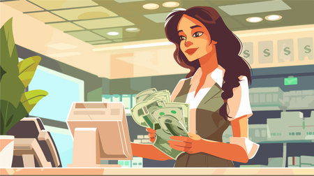 Bank Teller Counting Money at Cash Department Closeupのイラスト素材