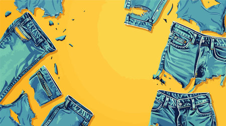 Flat Lay Denim Collage on Vibrant Yellow Backgroundのイラスト素材