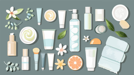 Relaxing Spa Ambiance with Soft Towels and Cosmetic Productsのイラスト素材
