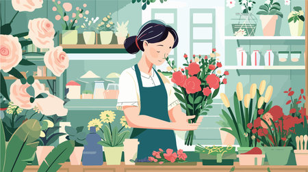 Florist Creating an Enchanting Bouquet in a Flower Shopのイラスト素材