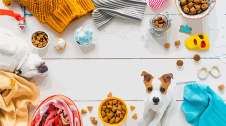 Flat Lay Pet Essentials: Clothes, Food, and Accessories for Canine Companionsのイラスト素材