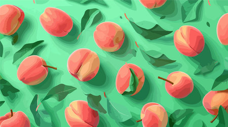 Vibrant Flat Lay Display of Fresh Peaches Against a Verdant Backdropのイラスト素材