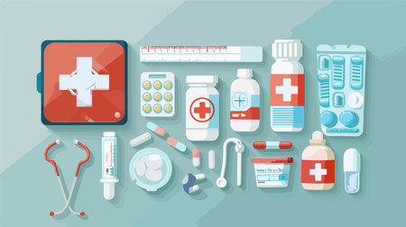 Comprehensive First Aid Kit with Essential Medical Supplies on Light Blue Backgroundのイラスト素材