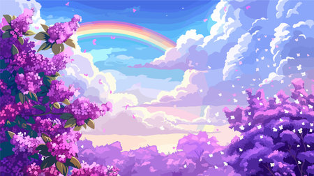 Enchanting Rainbow Adorned Fantasy Sky with Fluffy Cloudsのイラスト素材