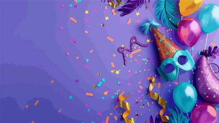 Vibrant Carnival Flat Lay Composition on Lilac Backgroundのイラスト素材