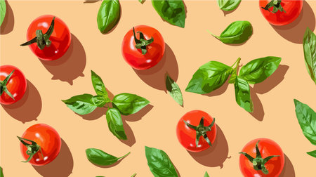 Overhead View of Fresh Ripe Cherry Tomatoes and Basil Sprigsのイラスト素材