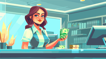 Female Bank Teller Counting Money at Cash Department Closeupのイラスト素材