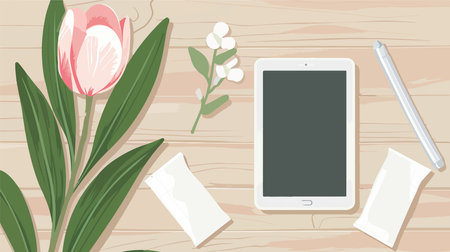 Flat lay of a tablet, hygiene products, and decorative flowers on wooden surfaceのイラスト素材