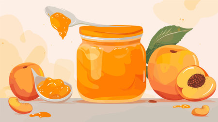 Scrumptious Peach Jam in a Mason Jar with a Wooden Spoonのイラスト素材