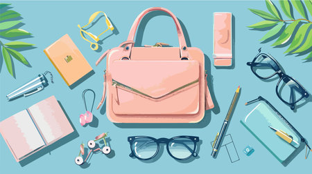 Chic Flat Lay Featuring a Bag and Accessoriesのイラスト素材