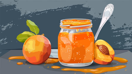 Scrumptious Peach Jam in a Mason Jar with a Wooden Spoonのイラスト素材