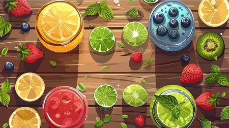 Flat Lay of Refreshing Juices and Colorful Ingredients for a Healthy Summer Treatのイラスト素材