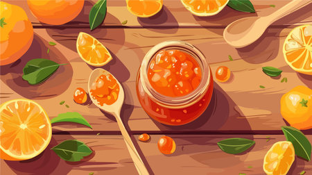 Scrumptious Tangerine Jam on Rustic Wooden Background with Citrus Slicesのイラスト素材