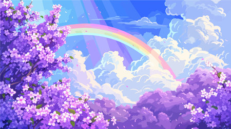 Enchanting Rainbow Adorned Fantasy Sky with Fluffy Cloudsのイラスト素材