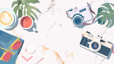 Flat Lay Display of Essential Blogging Equipment: Camera and Accessories