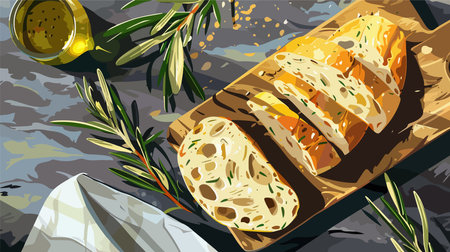 Focaccia Bread Flat Lay on a Minimalist Grey Tabletopのイラスト素材