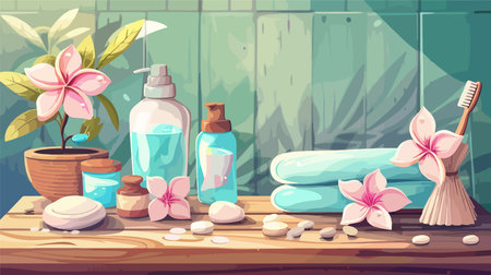 Luxurious Spa Products and Vibrant Flower Display on a Wooden Surfaceのイラスト素材