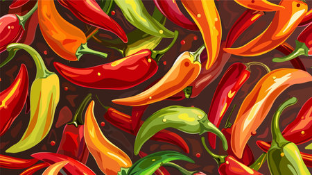 Assorted Ripe Chili Peppers Presented from Above on a Dark Backgroundのイラスト素材