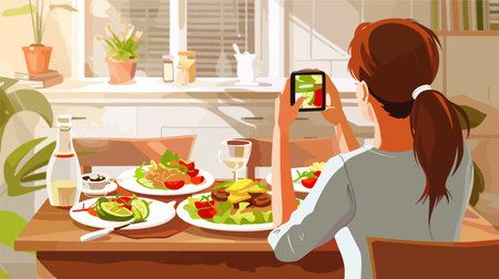 Food Blogger's Lunchtime Photography at Wooden Tableのイラスト素材