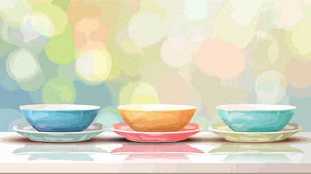 Four Clean Dishware Arranged on White Table with Blurred Backgroundのイラスト素材