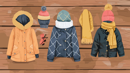 Four Stylish Winter Outfits Displayed on a Natural Wooden Backdropのイラスト素材