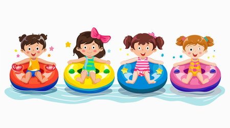 Four Cheerful Girls Enjoying Summer Fun with Inflatable Rings on White Backgroundのイラスト素材
