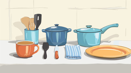 Kitchenware Ensemble on White Tabletop in Home Decorのイラスト素材