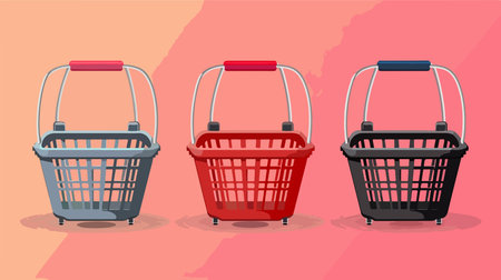 Four Metal Shopping Baskets on Vibrant Background for Retail and Consumerismのイラスト素材