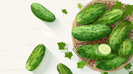 Wicker Basket Brimming with Fresh, Ripe Cucumbers on Crisp White Woodのイラスト素材