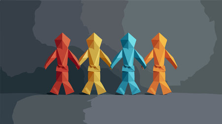 Four Paper People Silhouetted Holding Hands on Gray Backgroundのイラスト素材