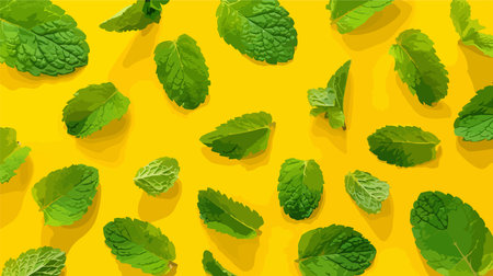 Vibrant Fresh Green Mint Leaves Flat Lay on Yellow Backgroundのイラスト素材