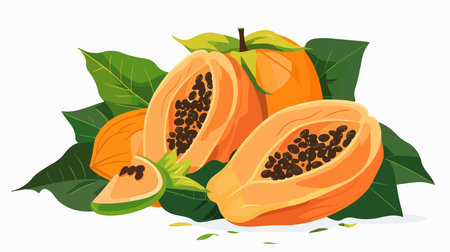 Fresh Ripe Papaya Fruits with Vibrant Green Leaves Isolated on White Backgroundのイラスト素材