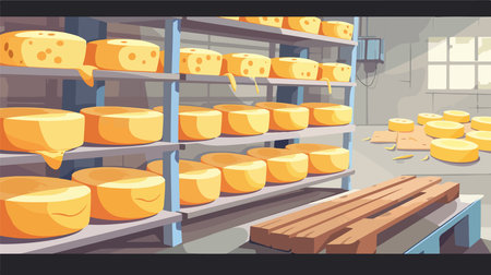 Freshly Made Cheese Wheels Arranged on Racks in a Factory Warehouseのイラスト素材