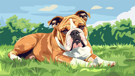 Hilarious Cartoon Bulldog Frolicking on a Vibrant Green Lawnのイラスト素材